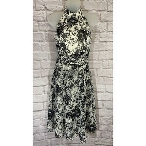 White House Black Market Midi Dress Sz 2 Abstract Floral Chiffon Satin Cocktail